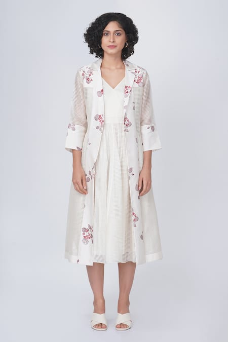 Arcvsh By Pallavi Singh_Ivory Organza Embroidery V-neck, Open Striped Dress With Sakura Print Jacket _Online_at_Aza_Fashions