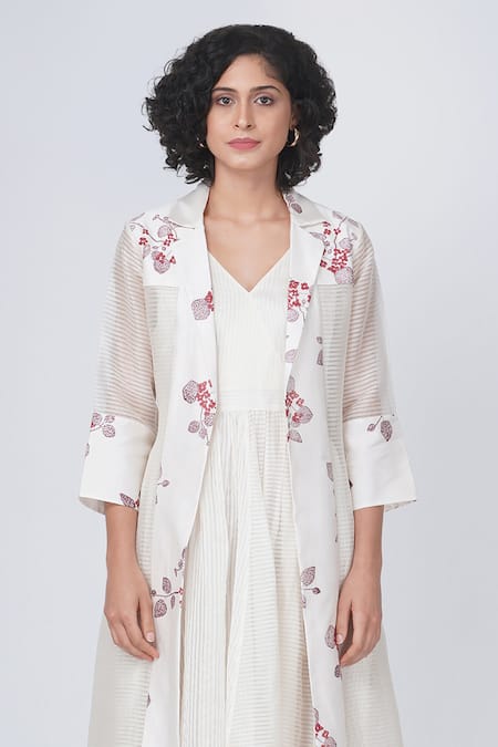 Buy_Arcvsh By Pallavi Singh_Ivory Organza Embroidery V-neck, Open Striped Dress With Sakura Print Jacket _Online_at_Aza_Fashions