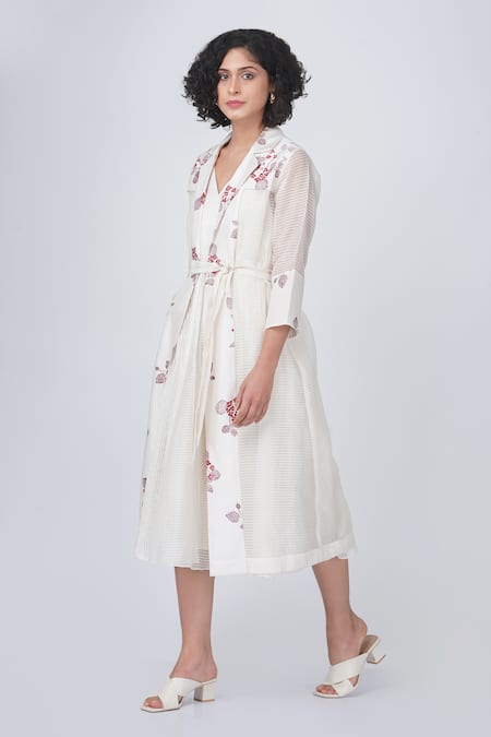 Shop_Arcvsh By Pallavi Singh_Ivory Organza Embroidery V-neck, Open Striped Dress With Sakura Print Jacket _Online_at_Aza_Fashions