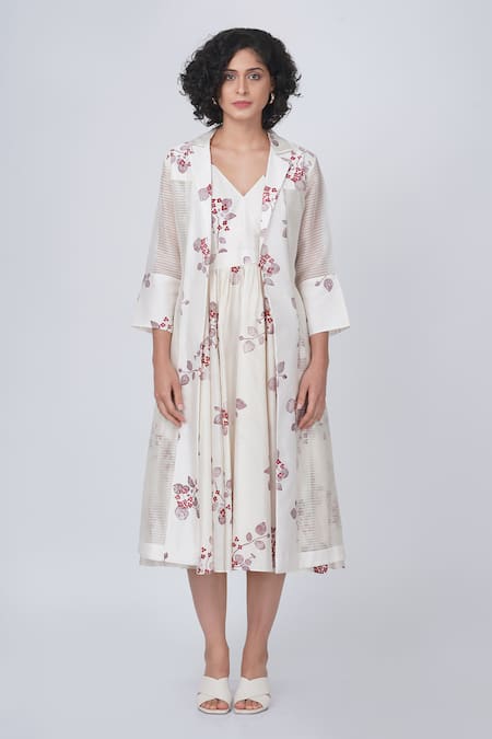 Arcvsh By Pallavi Singh_Ivory Silk, Chanderi Embroidery V-neck, Collared Sakura Print Dress And Jacket Set _Online_at_Aza_Fashions