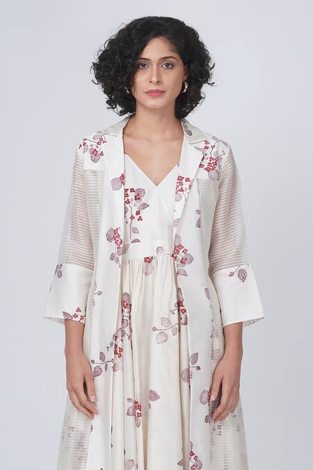 Buy Arcvsh By Pallavi Singh Ivory Silk, Chanderi Embroidery V-neck, Collared Sakura Print Dress And Jacket Set Online at Aza Fashions Buy_Arcvsh By Pallavi Singh_Ivory Silk, Chanderi Embroidery V-neck, Collared Sakura Print Dress And Jacket Set _Online_at_Aza_Fashions