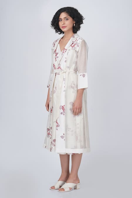 Shop Arcvsh By Pallavi Singh Ivory Silk, Chanderi Embroidery V-neck, Collared Sakura Print Dress And Jacket Set Online at Aza Fashions Shop_Arcvsh By Pallavi Singh_Ivory Silk, Chanderi Embroidery V-neck, Collared Sakura Print Dress And Jacket Set _Online_at_Aza_Fashions
