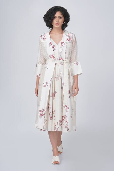 Arcvsh By Pallavi Singh Ivory Silk, Chanderi Embroidery V-neck, Collared Sakura Print Dress And Jacket Set at Aza Fashions Arcvsh By Pallavi Singh_Ivory Silk, Chanderi Embroidery V-neck, Collared Sakura Print Dress And Jacket Set _at_Aza_Fashions