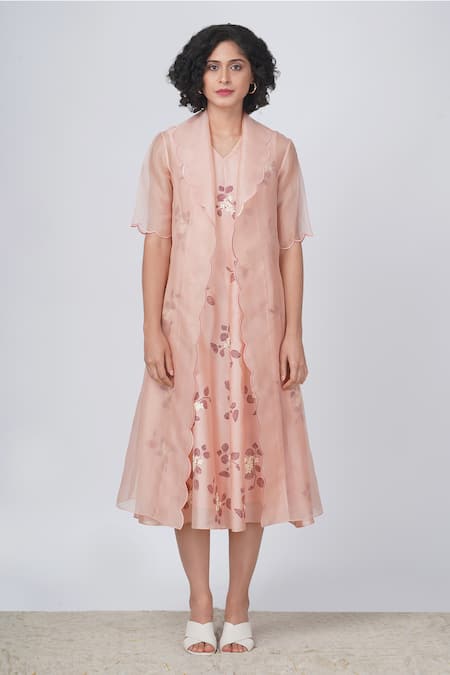 Arcvsh by Pallavi Singh Pink Organza Block Printed Sakura Floral Dress V Neck With Scalloped Jacket 