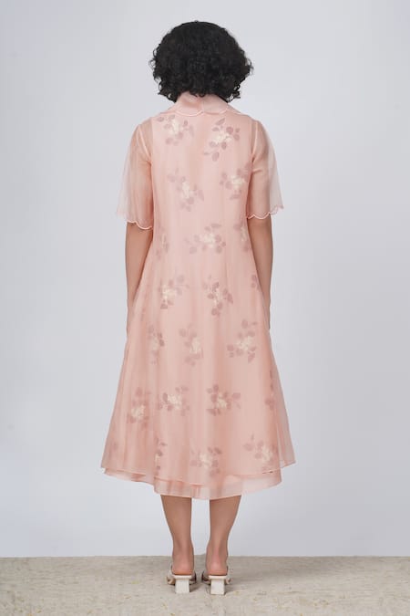 Shop Arcvsh By Pallavi Singh Pink Organza, Silk, Chanderi Embroidery Sakura Print Dress With Scalloped Jacket at Aza Fashions Shop_Arcvsh By Pallavi Singh_Pink Organza, Silk, Chanderi Embroidery Sakura Print Dress With Scalloped Jacket _at_Aza_Fashions
