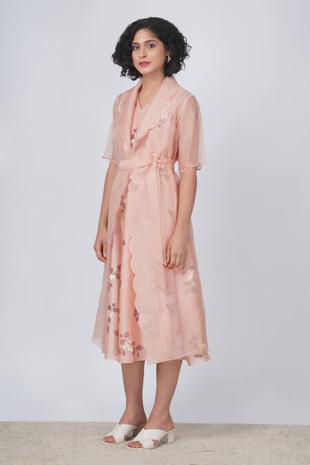 Buy Arcvsh By Pallavi Singh Pink Organza, Silk, Chanderi Embroidery Sakura Print Dress With Scalloped Jacket Online at Aza Fashions Buy_Arcvsh By Pallavi Singh_Pink Organza, Silk, Chanderi Embroidery Sakura Print Dress With Scalloped Jacket _Online_at_Aza_Fashions