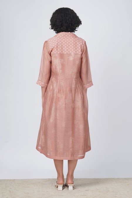 Shop Arcvsh By Pallavi Singh Beige Organza, Silk, Chanderi Embroidery Yuri Print Dress With Striped Jacket at Aza Fashions Shop_Arcvsh By Pallavi Singh_Beige Organza, Silk, Chanderi Embroidery Yuri Print Dress With Striped Jacket _at_Aza_Fashions