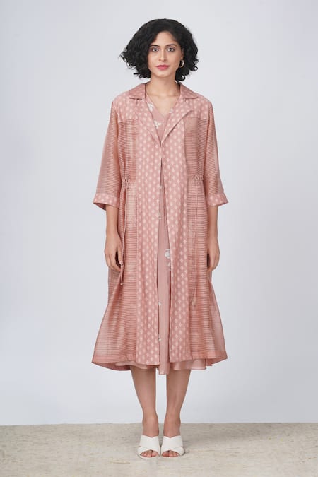 Buy_Arcvsh By Pallavi Singh_Beige Organza, Silk, Chanderi Embroidery Yuri Print Dress With Striped Jacket _Online_at_Aza_Fashions