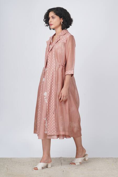 Shop Arcvsh By Pallavi Singh Beige Organza, Silk, Chanderi Embroidery Yuri Print Dress With Striped Jacket Online at Aza Fashions Shop_Arcvsh By Pallavi Singh_Beige Organza, Silk, Chanderi Embroidery Yuri Print Dress With Striped Jacket _Online_at_Aza_Fashions