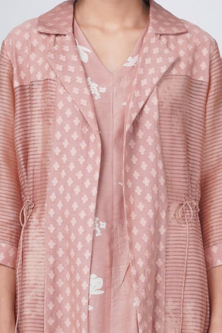 Arcvsh By Pallavi Singh Beige Organza, Silk, Chanderi Embroidery Yuri Print Dress With Striped Jacket at Aza Fashions Arcvsh By Pallavi Singh_Beige Organza, Silk, Chanderi Embroidery Yuri Print Dress With Striped Jacket _at_Aza_Fashions