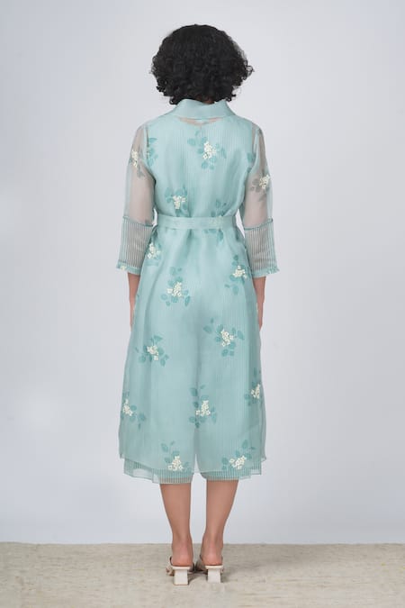 Shop Arcvsh By Pallavi Singh Blue Organza Sequins, Embroidery Striped Jumpsuit And Sakura Print Jacket Set at Aza Fashions Shop_Arcvsh By Pallavi Singh_Blue Organza Sequins, Embroidery Striped Jumpsuit And Sakura Print Jacket Set _at_Aza_Fashions