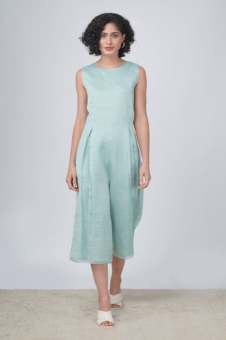 Arcvsh By Pallavi Singh_Blue Organza Sequins, Embroidery Striped Jumpsuit And Sakura Print Jacket Set _Online_at_Aza_Fashions