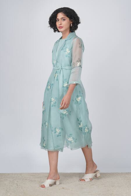 Shop Arcvsh By Pallavi Singh Blue Organza Sequins, Embroidery Striped Jumpsuit And Sakura Print Jacket Set Online at Aza Fashions Shop_Arcvsh By Pallavi Singh_Blue Organza Sequins, Embroidery Striped Jumpsuit And Sakura Print Jacket Set _Online_at_Aza_Fashions