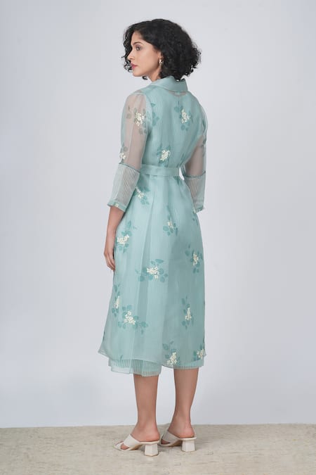 Buy Arcvsh By Pallavi Singh Blue Organza Sequins, Embroidery Striped Jumpsuit And Sakura Print Jacket Set Buy_Arcvsh By Pallavi Singh_Blue Organza Sequins, Embroidery Striped Jumpsuit And Sakura Print Jacket Set