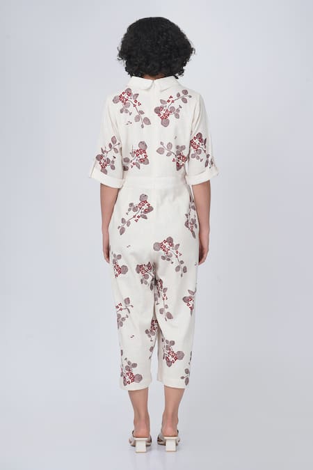 Shop_Arcvsh By Pallavi Singh_Ivory Cotton Collared Sakura Block Print Jumpsuit _at_Aza_Fashions
