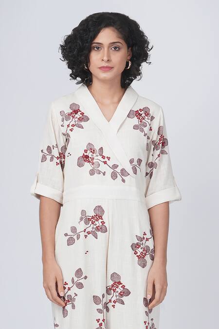 Arcvsh By Pallavi Singh_Ivory Cotton Collared Sakura Block Print Jumpsuit _Online_at_Aza_Fashions