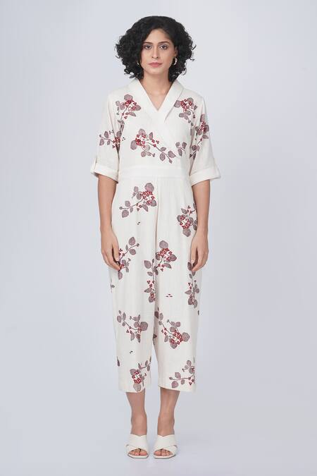 Buy_Arcvsh By Pallavi Singh_Ivory Cotton Collared Sakura Block Print Jumpsuit _Online_at_Aza_Fashions