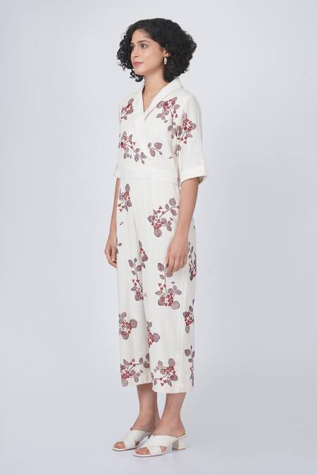 Shop_Arcvsh By Pallavi Singh_Ivory Cotton Collared Sakura Block Print Jumpsuit _Online_at_Aza_Fashions