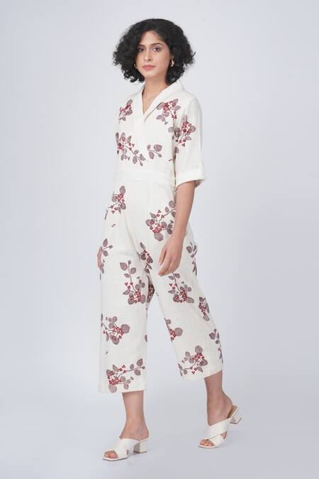 Arcvsh By Pallavi Singh_Ivory Cotton Collared Sakura Block Print Jumpsuit _at_Aza_Fashions