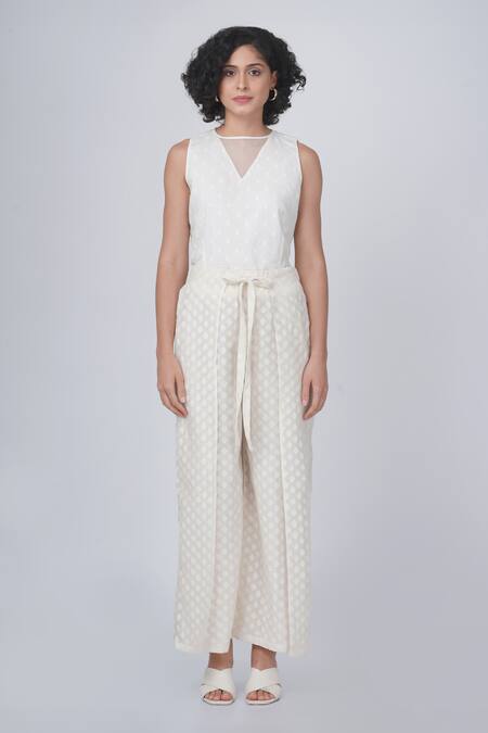 Arcvsh By Pallavi Singh_Ivory Chanderi, Linen Embroidery V-neck Bara Jacket And Pant Set _Online_at_Aza_Fashions