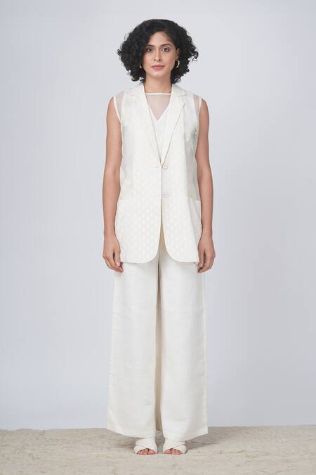 Buy Arcvsh By Pallavi Singh Ivory Chanderi, Linen Embroidery V-neck Bara Jacket And Pant Set Online at Aza Fashions Buy_Arcvsh By Pallavi Singh_Ivory Chanderi, Linen Embroidery V-neck Bara Jacket And Pant Set _Online_at_Aza_Fashions
