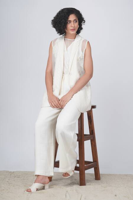 Shop Arcvsh By Pallavi Singh Ivory Chanderi, Linen Embroidery V-neck Bara Jacket And Pant Set Shop_Arcvsh By Pallavi Singh_Ivory Chanderi, Linen Embroidery V-neck Bara Jacket And Pant Set