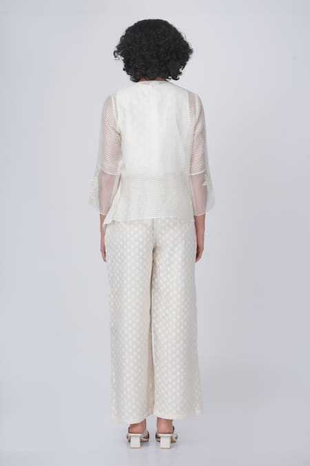Shop Arcvsh By Pallavi Singh Ivory Organza Embroidery V-neck Bara Layered Jacket And Pant Set at Aza Fashions Shop_Arcvsh By Pallavi Singh_Ivory Organza Embroidery V-neck Bara Layered Jacket And Pant Set _at_Aza_Fashions