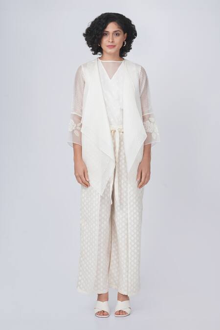 Buy_Arcvsh By Pallavi Singh_Ivory Organza Embroidery V-neck Bara Layered Jacket And Pant Set _Online_at_Aza_Fashions