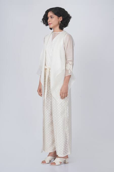 Shop Arcvsh By Pallavi Singh Ivory Organza Embroidery V-neck Bara Layered Jacket And Pant Set Online at Aza Fashions Shop_Arcvsh By Pallavi Singh_Ivory Organza Embroidery V-neck Bara Layered Jacket And Pant Set _Online_at_Aza_Fashions