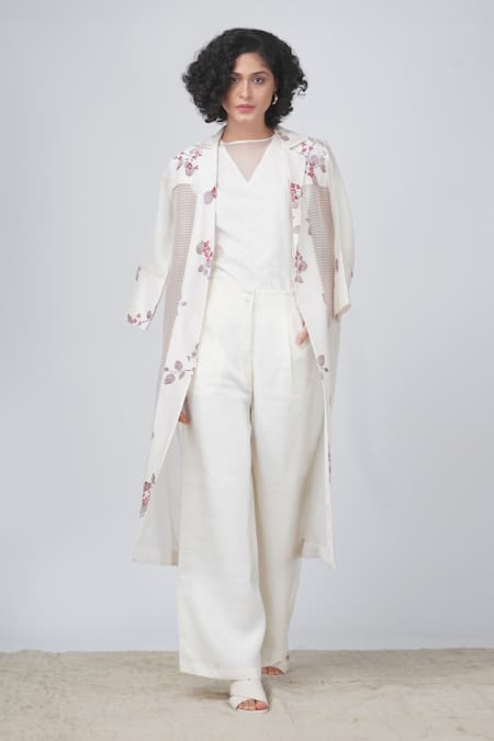 Shop Arcvsh By Pallavi Singh Ivory Organza, Linen Sakura Print Jacket And Pant Set at Aza Fashions Shop_Arcvsh By Pallavi Singh_Ivory Organza, Linen Sakura Print Jacket And Pant Set _at_Aza_Fashions