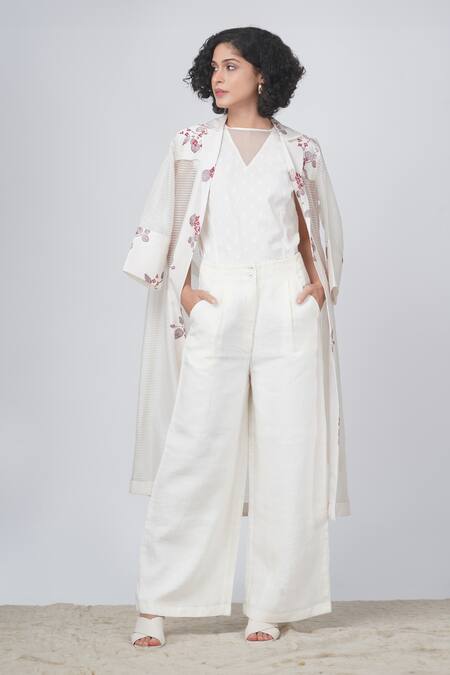 Arcvsh By Pallavi Singh Ivory Organza, Linen Sakura Print Jacket And Pant Set Online at Aza Fashions Arcvsh By Pallavi Singh_Ivory Organza, Linen Sakura Print Jacket And Pant Set _Online_at_Aza_Fashions