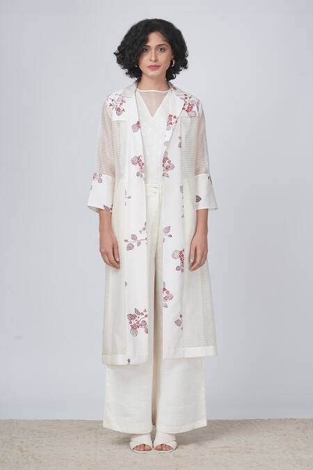 Shop Arcvsh By Pallavi Singh Ivory Organza, Linen Sakura Print Jacket And Pant Set Online at Aza Fashions Shop_Arcvsh By Pallavi Singh_Ivory Organza, Linen Sakura Print Jacket And Pant Set _Online_at_Aza_Fashions