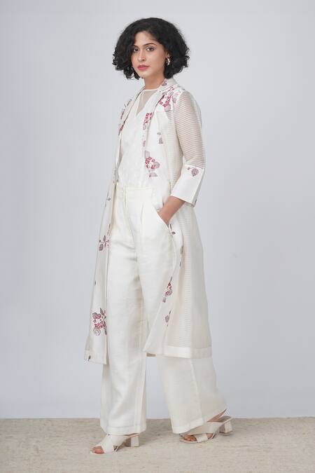 Arcvsh By Pallavi Singh Ivory Organza, Linen Sakura Print Jacket And Pant Set at Aza Fashions Arcvsh By Pallavi Singh_Ivory Organza, Linen Sakura Print Jacket And Pant Set _at_Aza_Fashions