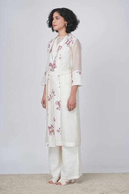 Buy Arcvsh By Pallavi Singh Ivory Organza, Linen Sakura Print Jacket And Pant Set Buy_Arcvsh By Pallavi Singh_Ivory Organza, Linen Sakura Print Jacket And Pant Set