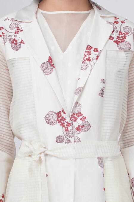 Shop Arcvsh By Pallavi Singh Ivory Organza, Linen Sakura Print Jacket And Pant Set Shop_Arcvsh By Pallavi Singh_Ivory Organza, Linen Sakura Print Jacket And Pant Set