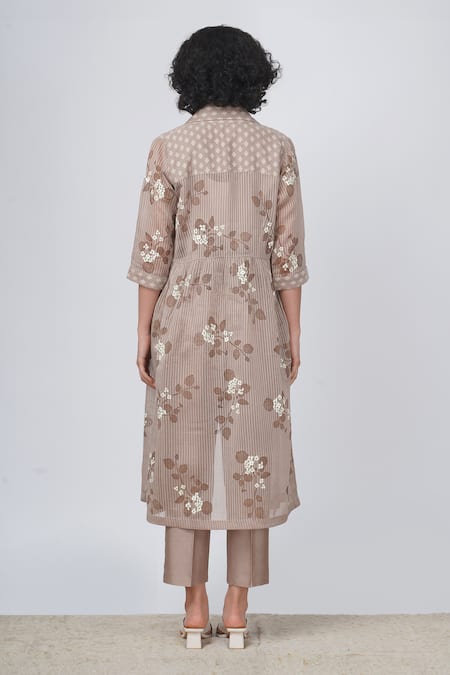 Shop Arcvsh By Pallavi Singh Beige Organza, Silk, Chanderi Embroidery Sakura Print Jacket And Straight Pant Set at Aza Fashions Shop_Arcvsh By Pallavi Singh_Beige Organza, Silk, Chanderi Embroidery Sakura Print Jacket And Straight Pant Set _at_Aza_Fashions