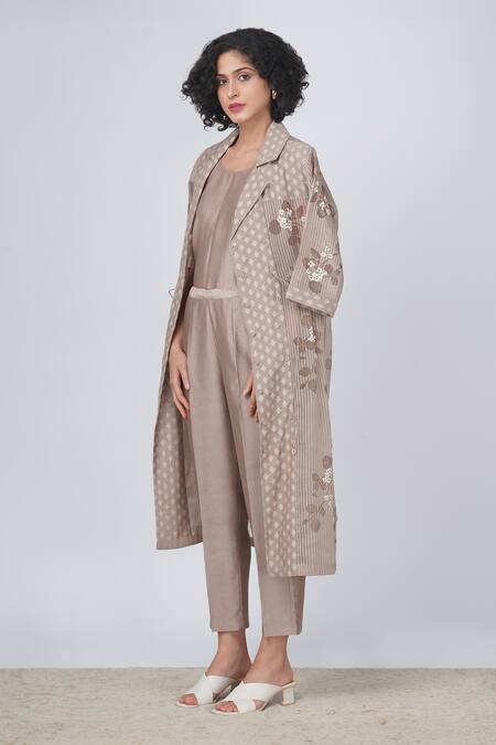 Arcvsh By Pallavi Singh Beige Organza, Silk, Chanderi Embroidery Sakura Print Jacket And Straight Pant Set Online at Aza Fashions Arcvsh By Pallavi Singh_Beige Organza, Silk, Chanderi Embroidery Sakura Print Jacket And Straight Pant Set _Online_at_Aza_Fashions