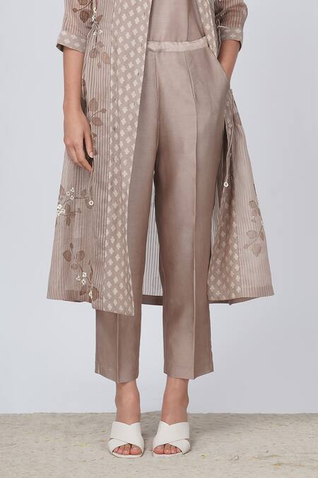 Buy Arcvsh By Pallavi Singh Beige Organza, Silk, Chanderi Embroidery Sakura Print Jacket And Straight Pant Set Online at Aza Fashions Buy_Arcvsh By Pallavi Singh_Beige Organza, Silk, Chanderi Embroidery Sakura Print Jacket And Straight Pant Set _Online_at_Aza_Fashions