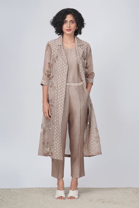 Shop Arcvsh By Pallavi Singh Beige Organza, Silk, Chanderi Embroidery Sakura Print Jacket And Straight Pant Set Online at Aza Fashions Shop_Arcvsh By Pallavi Singh_Beige Organza, Silk, Chanderi Embroidery Sakura Print Jacket And Straight Pant Set _Online_at_Aza_Fashions