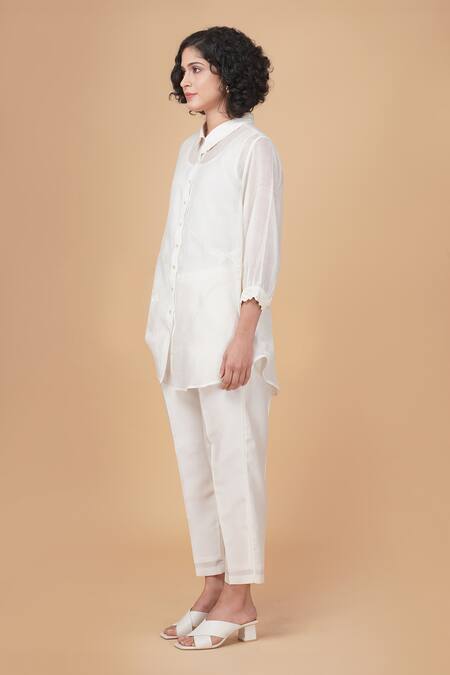 Arcvsh By Pallavi Singh_Ivory Chanderi , Chanderi, Embroidery Azisai Shirt And Pant Set _Online_at_Aza_Fashions