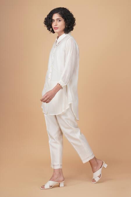 Arcvsh By Pallavi Singh Ivory Chanderi , Chanderi, Embroidery Azisai Shirt And Pant Set at Aza Fashions Arcvsh By Pallavi Singh_Ivory Chanderi , Chanderi, Embroidery Azisai Shirt And Pant Set _at_Aza_Fashions