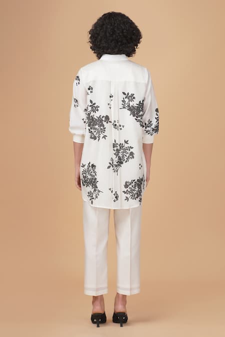 Shop Arcvsh By Pallavi Singh Ivory Silk, Chanderi Embroidery Shawl Neck Yuri Floral Print Shirt And Pant Set at Aza Fashions Shop_Arcvsh By Pallavi Singh_Ivory Silk, Chanderi Embroidery Shawl Neck Yuri Floral Print Shirt And Pant Set _at_Aza_Fashions