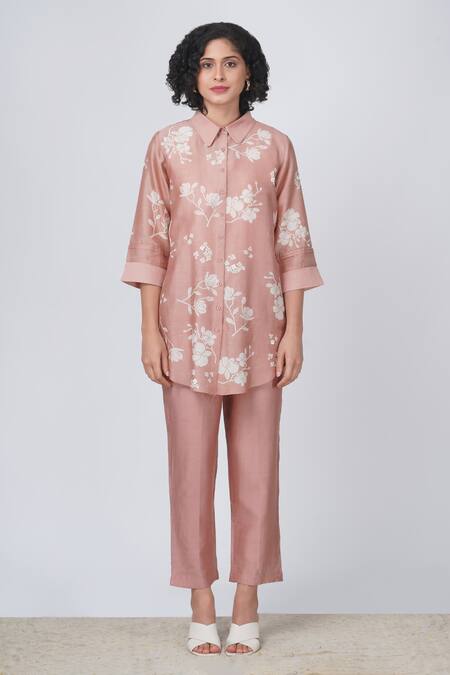 Arcvsh By Pallavi Singh_Beige , Chanderi Embroidery Yuri Floral Block Print Shirt And Pant Set _Online_at_Aza_Fashions