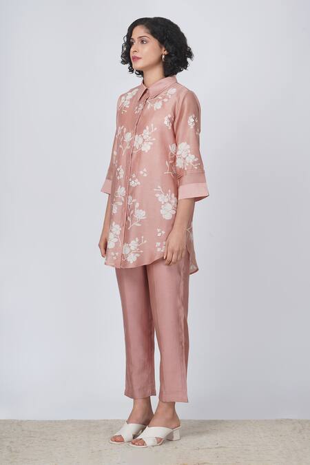 Shop Arcvsh By Pallavi Singh Beige , Chanderi Embroidery Yuri Floral Block Print Shirt And Pant Set Online at Aza Fashions Shop_Arcvsh By Pallavi Singh_Beige , Chanderi Embroidery Yuri Floral Block Print Shirt And Pant Set _Online_at_Aza_Fashions