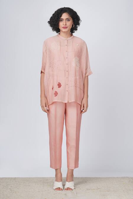 Arcvsh By Pallavi Singh_Pink Chanderi , Chanderi, Hakoni Print Kaftan Shirt And Pant Set _Online_at_Aza_Fashions