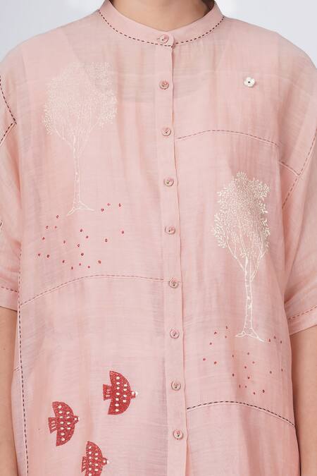 Shop Arcvsh By Pallavi Singh Pink Chanderi , Chanderi, Hakoni Print Kaftan Shirt And Pant Set Online at Aza Fashions Shop_Arcvsh By Pallavi Singh_Pink Chanderi , Chanderi, Hakoni Print Kaftan Shirt And Pant Set _Online_at_Aza_Fashions