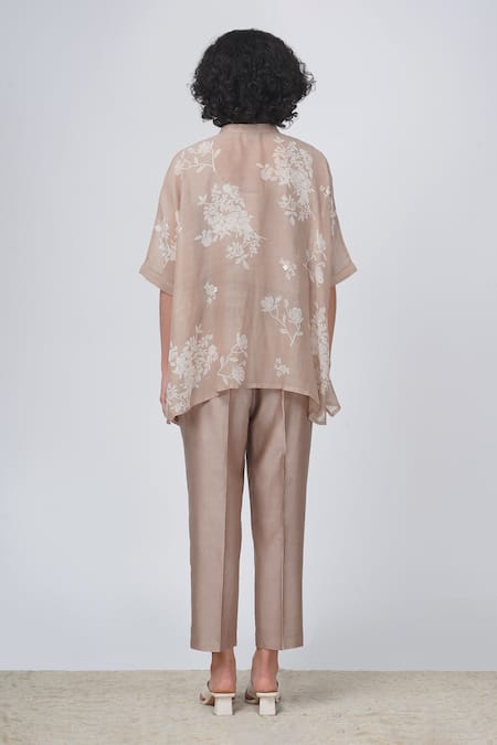 Shop_Arcvsh By Pallavi Singh_Beige Cotton, Chanderi Embroidery Yuri Floral Print Kaftan Shirt And Pant Set _at_Aza_Fashions