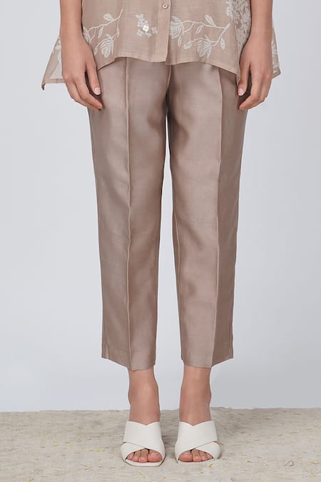 Buy_Arcvsh By Pallavi Singh_Beige Cotton, Chanderi Embroidery Yuri Floral Print Kaftan Shirt And Pant Set _Online_at_Aza_Fashions