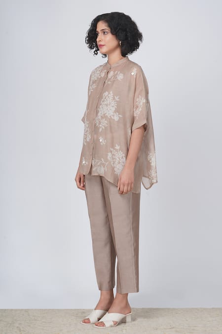 Shop_Arcvsh By Pallavi Singh_Beige Cotton, Chanderi Embroidery Yuri Floral Print Kaftan Shirt And Pant Set _Online_at_Aza_Fashions