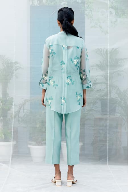 Shop Arcvsh By Pallavi Singh Blue Organza Embroidery Mandarin Collar Sakura Floral Print Shirt And Pant Set at Aza Fashions Shop_Arcvsh By Pallavi Singh_Blue Organza Embroidery Mandarin Collar Sakura Floral Print Shirt And Pant Set _at_Aza_Fashions